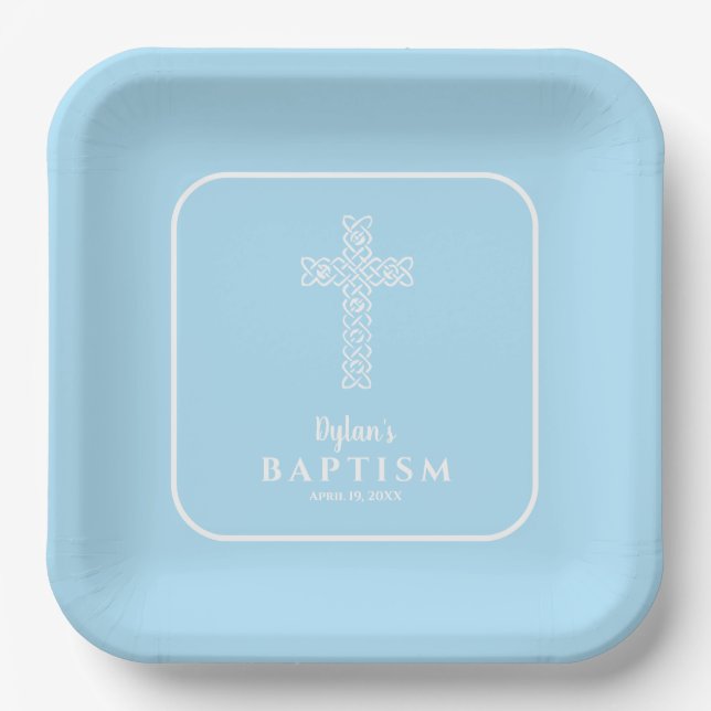 Modern Cross Blue Communion Baptism Christening Paper Plates (Front)