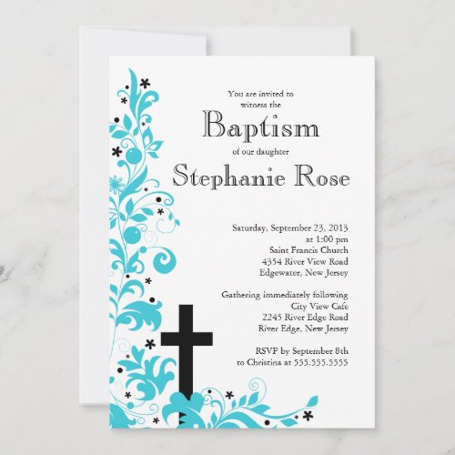 Modern Cross Blue Flower baptism, Invitation