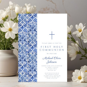 Modern Cross Blue Tiles Boy First Communion Invitation