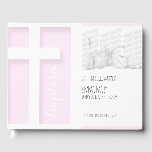 Modern Cross Girl Photo Baptism Guest Book (Front)