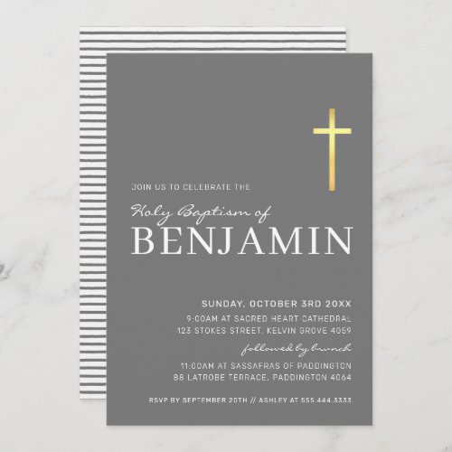 MODERN CROSS gold foil baptism minimal gray white Invitation