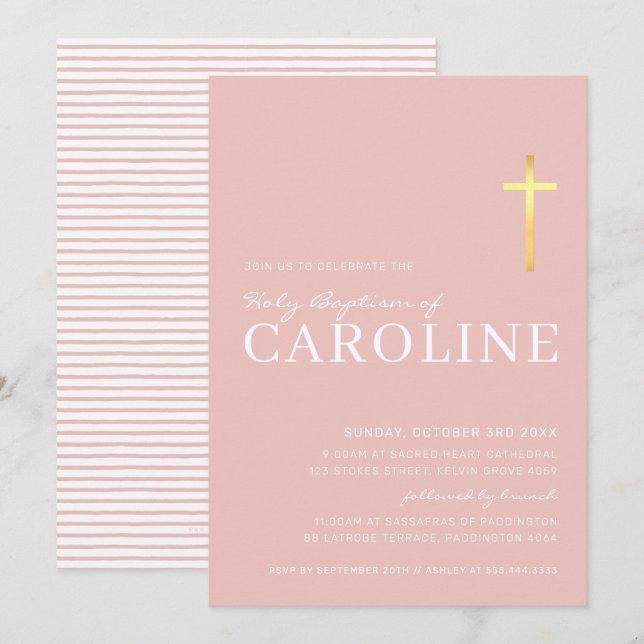 MODERN CROSS gold holy baptism minimal pink white Invitation (Front/Back)