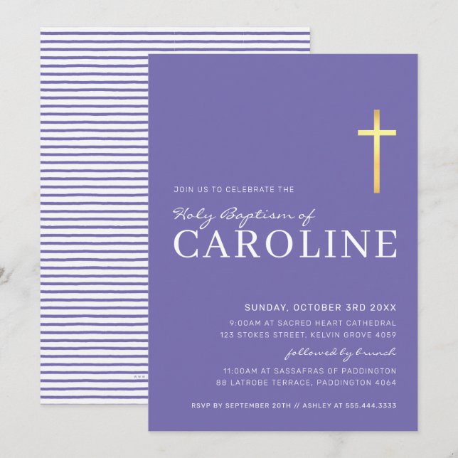 MODERN CROSS gold holy baptism simple purple white Invitation (Front/Back)