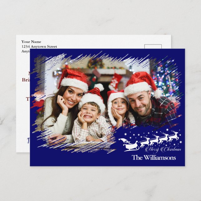 Modern Cross Hatch Frame in Blue Photo Christmas Postcard (Front/Back)
