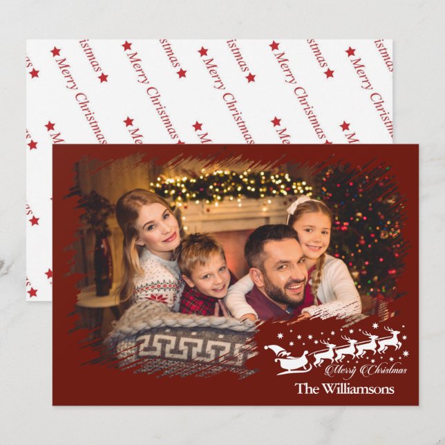 Modern Cross Hatch Frame in Christmas Red Photo Holiday Card (Front/Back)