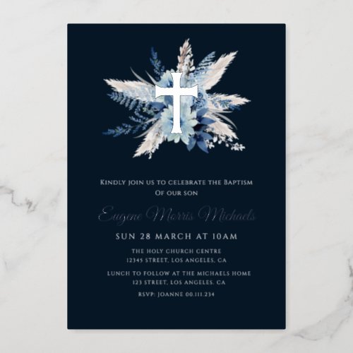modern cross navy blue baptism foil invitation