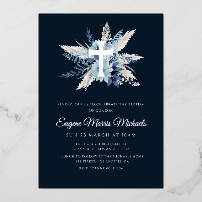modern cross navy blue baptism foil invitation (Front)