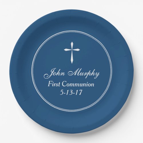 Modern Cross Personalized Navy Paper Plates