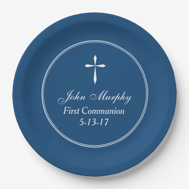 Modern Cross Personalized Navy Paper Plates (Front)