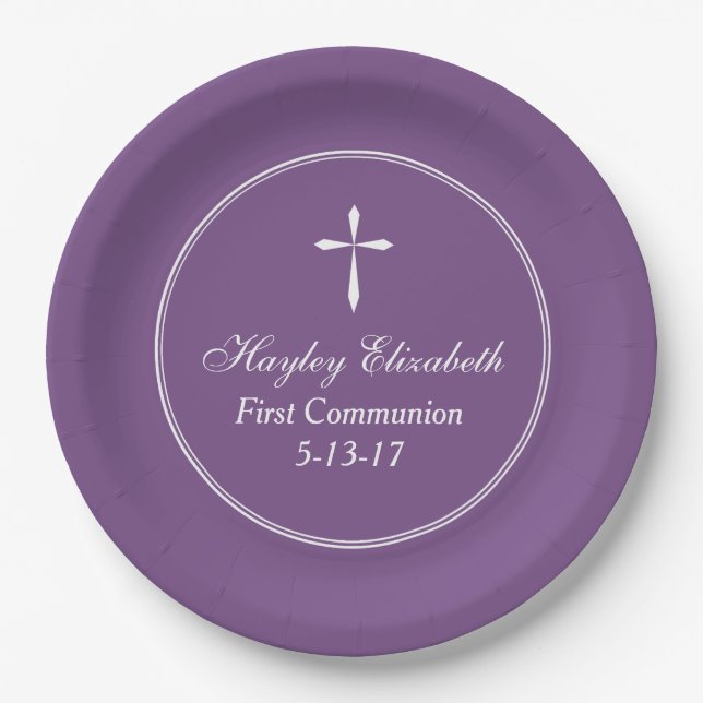 Modern Cross Personalized Purple Paper Plates (Front)