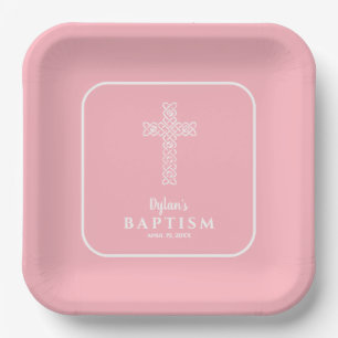 Modern Cross Pink Baptism Christening Paper Plates