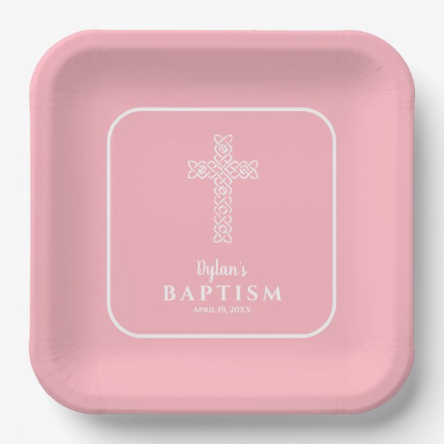 Modern Cross Pink Baptism Christening Paper Plates (Front)