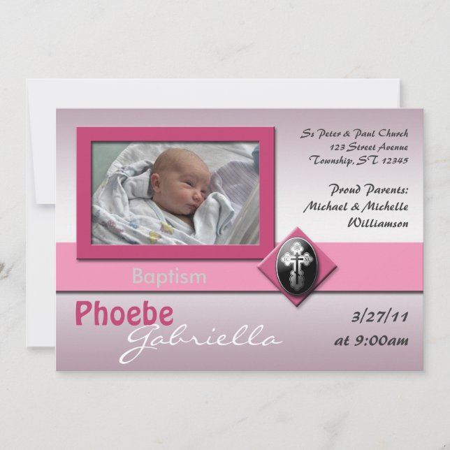 Modern Cross Pink Baptism Invitations (Front)
