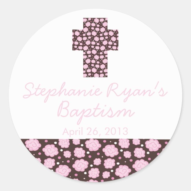 Modern Cross Pink Brown Floral Baptism Favor Seal (Front)