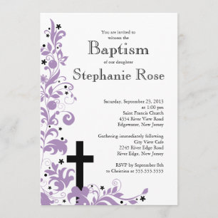Modern Cross purple Flower Baptism invitation