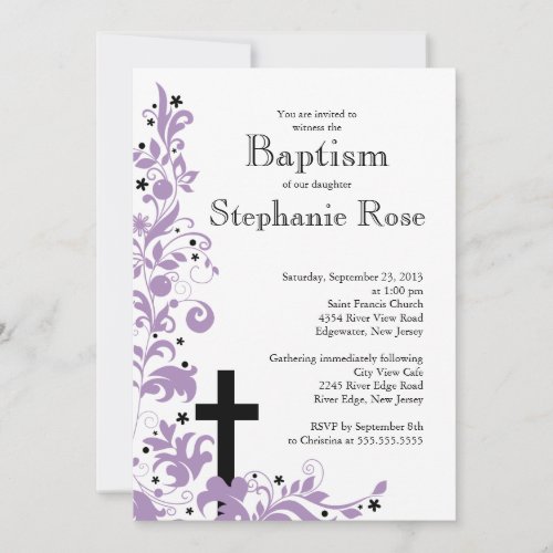 Modern Cross  purple Flower  Baptism  invitation