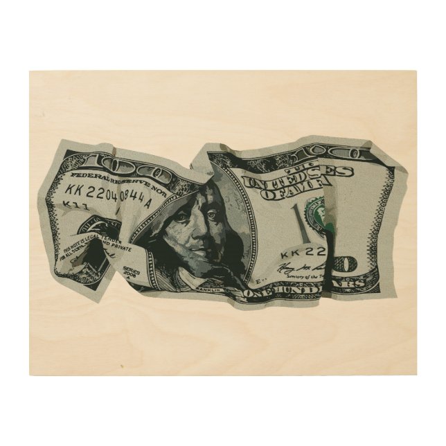 Modern Crumpled $100 Bill Design Wood Wall Art (Front)