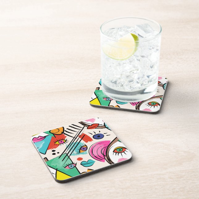 Modern Cubism Abstract Artsy Female Faces Art Beverage Coaster (Right Side)