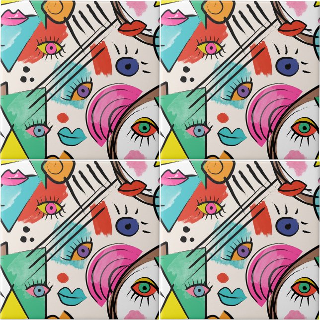 Modern Cubism Abstract Artsy Female Faces Art Ceramic Tile (Modern Cubism Abstract Artsy Female Faces Art Ceramic Tile)