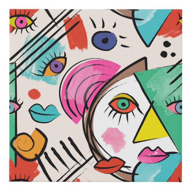 Modern Cubism Abstract Artsy Female Faces Art Faux Canvas Print (Front)