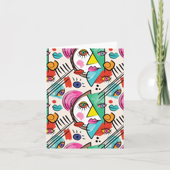 Modern Cubism Abstract Artsy Female Faces Card (Front)
