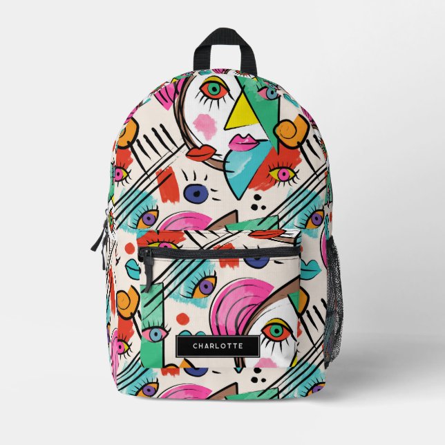 Modern Cubism Abstract Artsy Female Faces Printed Backpack (Front)