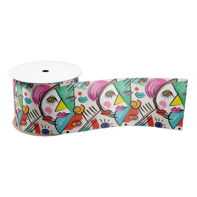 Modern Cubism Abstract Artsy Female Faces Satin Ribbon (Spool)