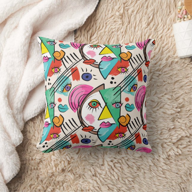 Modern Cubism Abstract Artsy Female Faces Throw Pillow (Blanket)