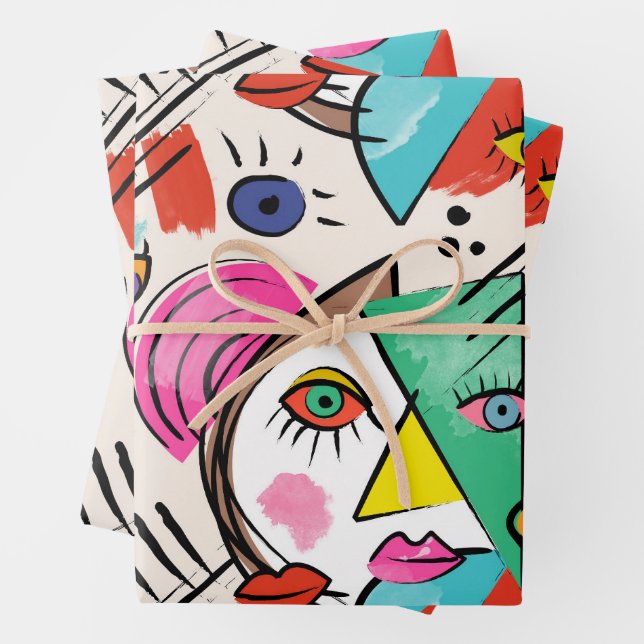 Modern Cubism Abstract Artsy Female Faces Wrapping Paper Sheets (In situ)