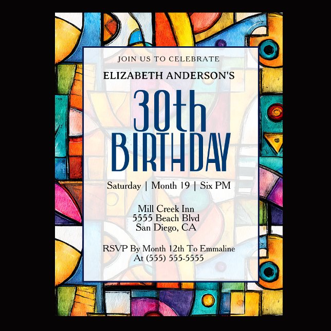 Modern Cubist 30th Birthday Invitation (Modern colorful abstract 30th birthday invitation for elegant milestone celebration
)