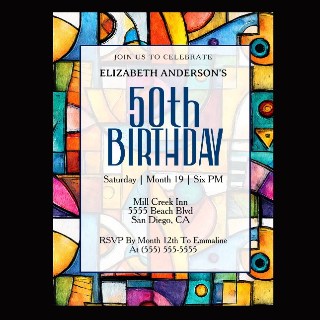 Modern Cubist 50th Birthday Invitation (Modern colorful abstract 50th birthday invitation for elegant milestone celebration
)