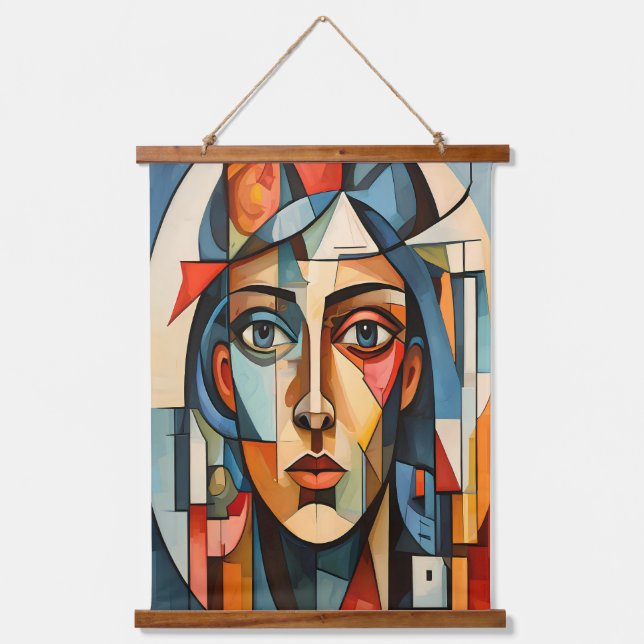 Modern Cubist Portrait Geometric Wall Art Tapestry (Front)