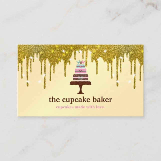 Modern Cupcake Logo Bakery Catering Glitter Drip Business Card (Front)