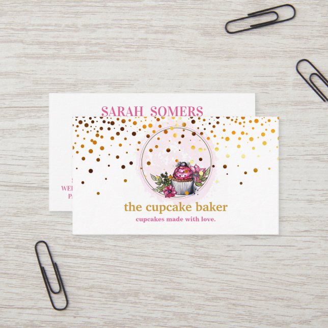 Modern Cupcake Logo Bakery Chef Catering Confetti Business Card (Front/Back In Situ)