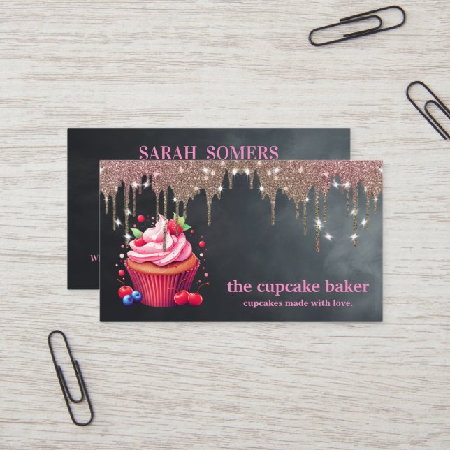 Modern Cupcake Logo Bakery Chef Catering Confetti Business Card (Front/Back In Situ)