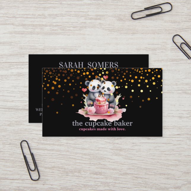 Modern Cupcake Logo Bakery Chef Catering Confetti Business Card (Front/Back In Situ)