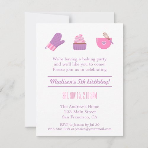 Modern Cupcake Purple Pink Baking Birthday Party 4.25x5.5 Paper Invitation Card