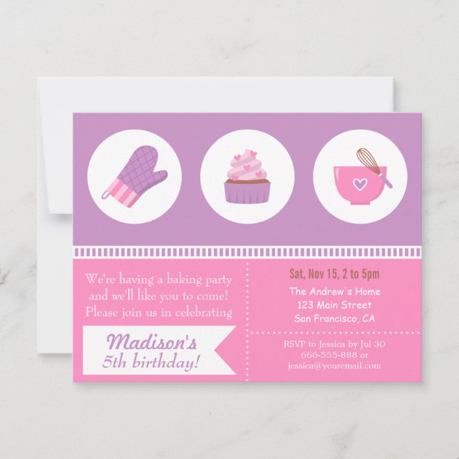 Modern Cupcake Purple Pink Baking Birthday Party Invitation (Front)