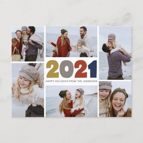 Modern curry red  blue trendy typo numbers 2020 holiday postcard