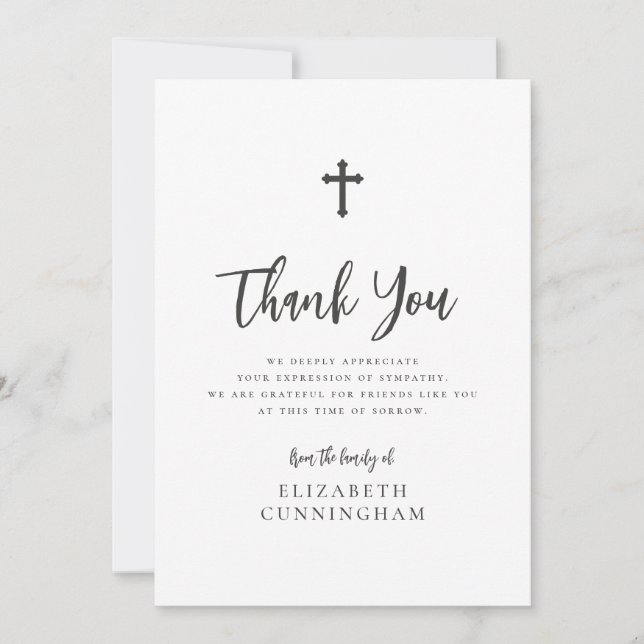 Modern Cursive Script Calligraphy Cross Memorial Thank You Card (Front)