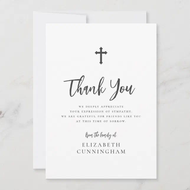 Modern Cursive Script Calligraphy Cross Memorial Thank You Card | Zazzle