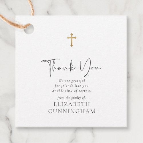 Modern Cursive Script Faux Gold Cross Memorial Favor Tags