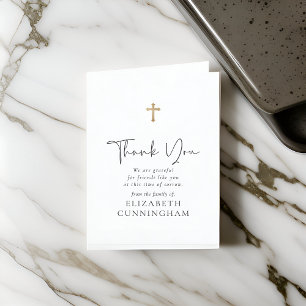 Modern Cursive Script Faux Gold Cross Memorial Letterpress Thank You Card