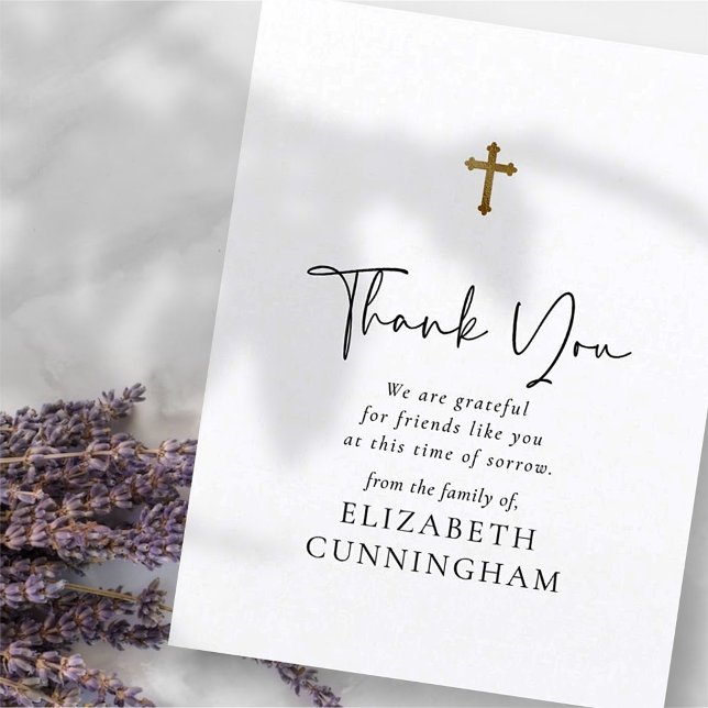 Modern Cursive Script Faux Gold Cross Memorial Postcard (Creator Uploaded)