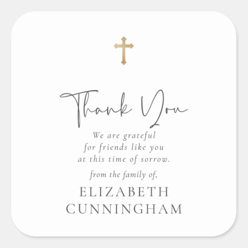 Modern Cursive Script Faux Gold Cross Memorial Square Sticker