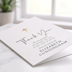 Modern Cursive Script Faux Gold Cross Memorial Thank You Card