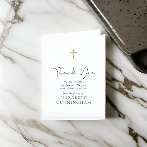 Modern Cursive Script Faux Gold Cross Memorial Thank You Card