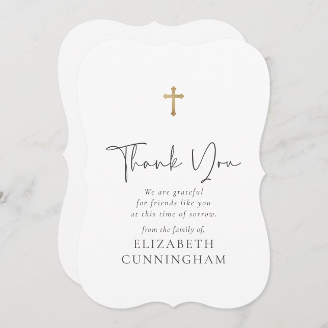 Modern Cursive Script Faux Gold Cross Memorial Thank You Card (Front/Back)
