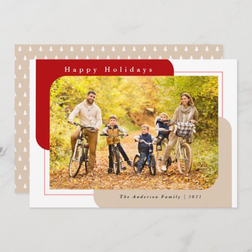 Modern Curved Photo Red and Tan Happy Holidays Holiday Card - This Christmas photo card features a horizontal photo frame with two curved corners. This same modern shape appears in the background in a dark red and tan color.  Personalize with your favorite horizontal photo and your family name.