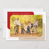 Modern Curved Photo Red and Tan Happy Holidays Holiday Card (Front)